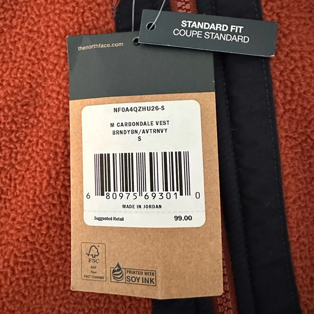 NWT The North Face Men’s Small Orange and Blue‎ Carbondale Fleece Vest